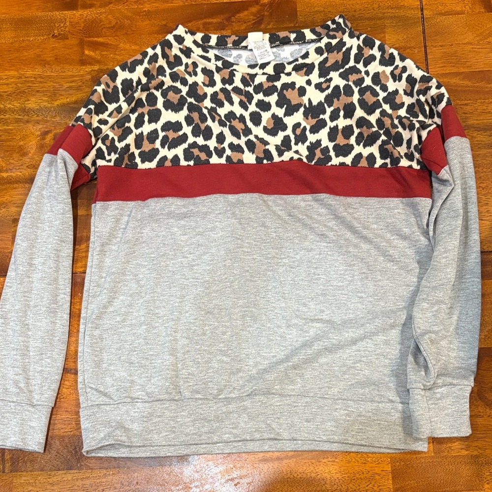 7th Ray Leopard Print and Gray Top with Red Accents